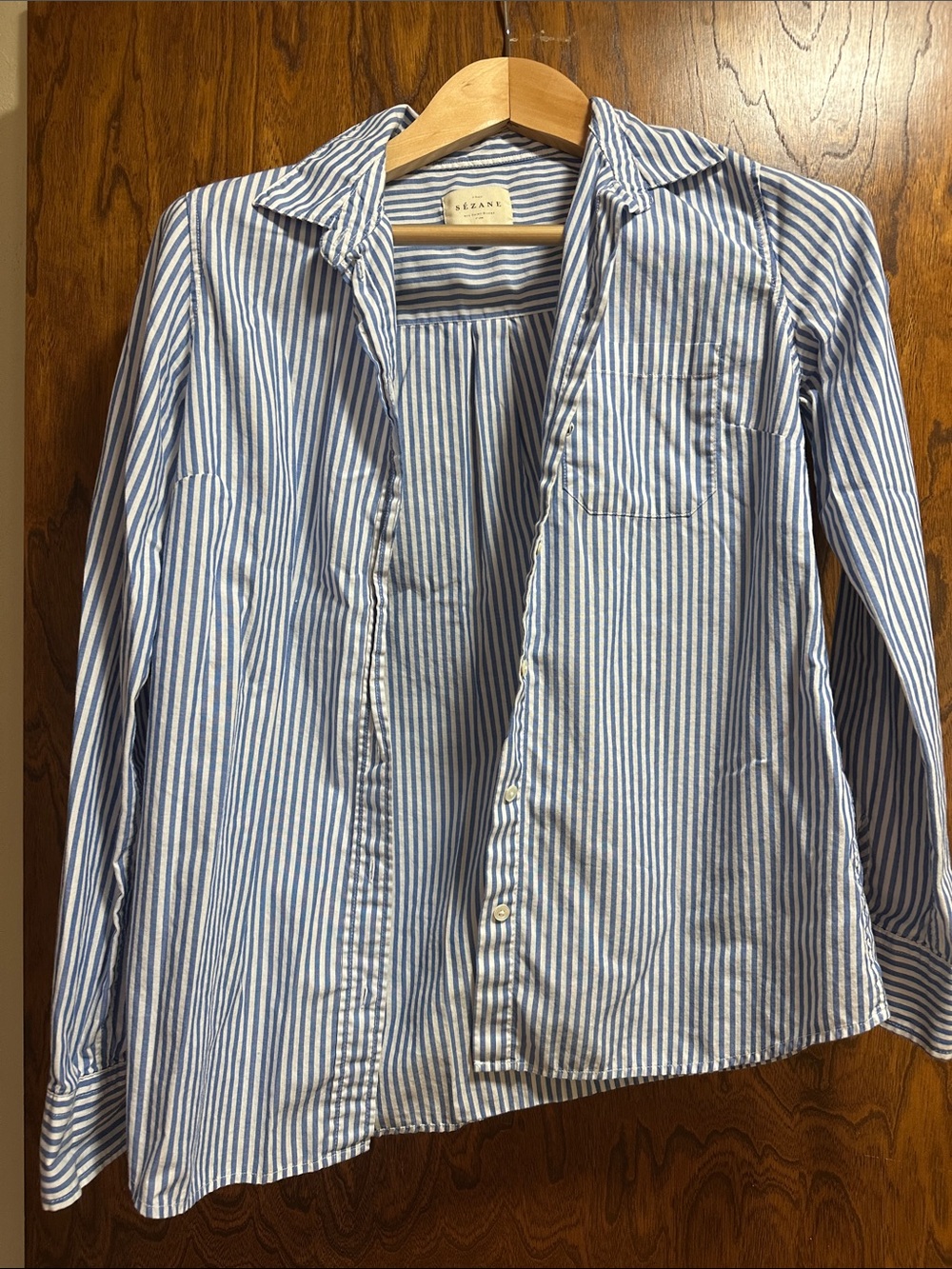 Sezane Blue and White Striped Button-Down Shirt